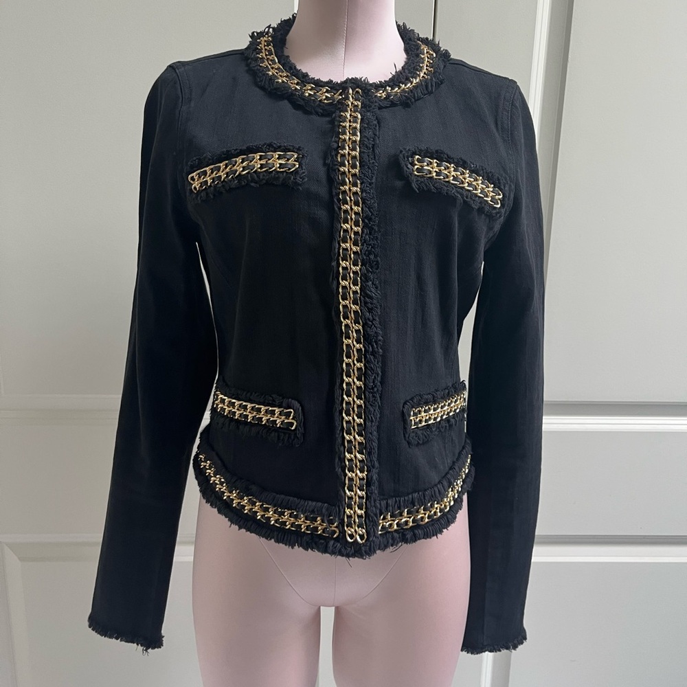 MICHAEL Michael Kors Black black denim and fringeedgeJacket with Gold Chain Trim